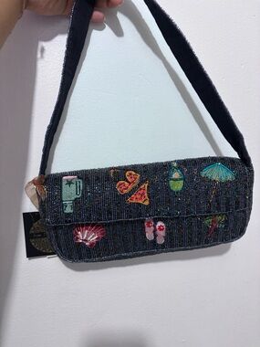 T.J.Maxx Black Beaded Shoulder Bag with Colorful Embroidered Beach Motifs
